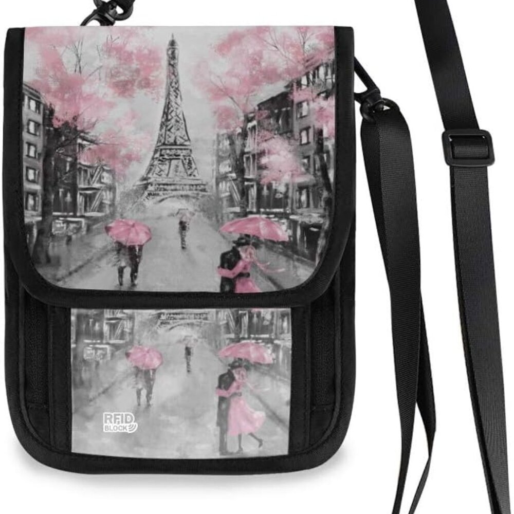 Small Crossbody Wallet Pink Cherry Blossom RFID Passport Holder Card Slots